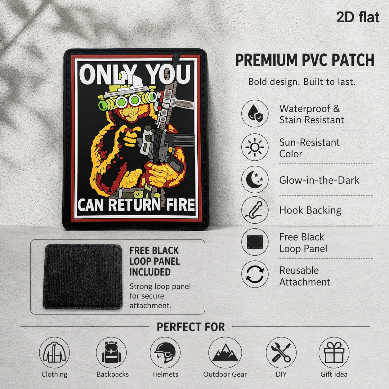 Specifications Available: 1Pc/2Pcs/3Pcs 2D Flat Pvc Rubber Armband Tactical Gorilla Glow-In-The-Dark Patch with a Printed Text on the Backside That Says Only You Can Return Fire, Tactical Gorilla Design with Built-In Glow-In-The-Dark Effect, Size 8.5Cm×6.8Cm, Waterproof and Flexible Pvc Material Suitable for Tactical Backpacks and Functional Jackets