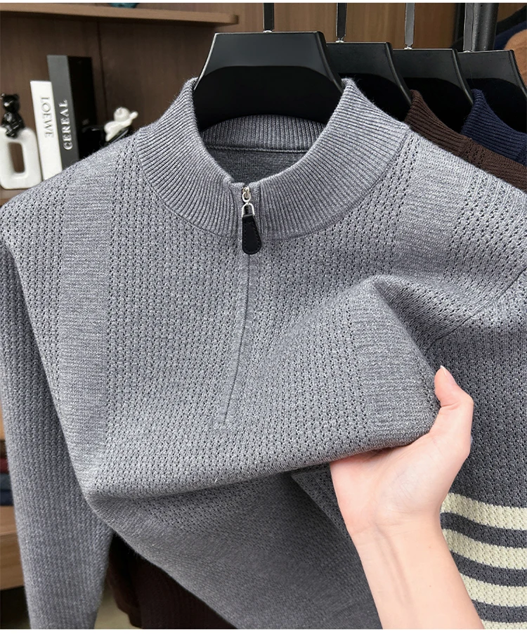 Hochwertige Reißverschluss Kragen Pullover Männer Neue Trend Persönlichkeit Streifen Zipper Herbst Winter Komfort Warm Stricken Sweater – Detail 4