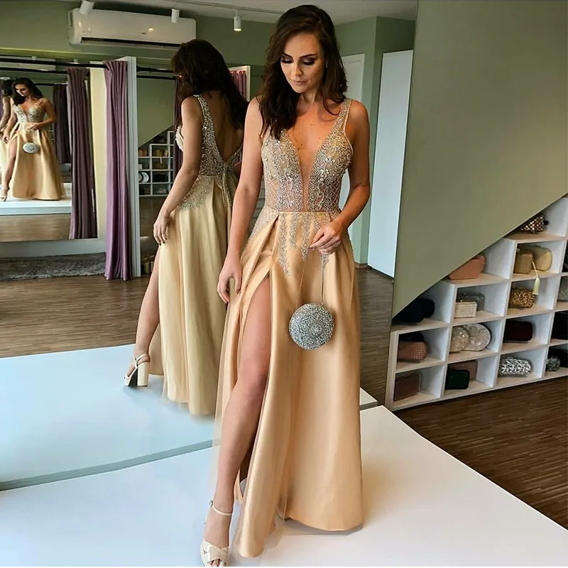 Champagne V Evening Dress 2022 Bead Evening Gown Long Sexy Slit Prom Dress Special Occasion Dress Train Robe De Soire