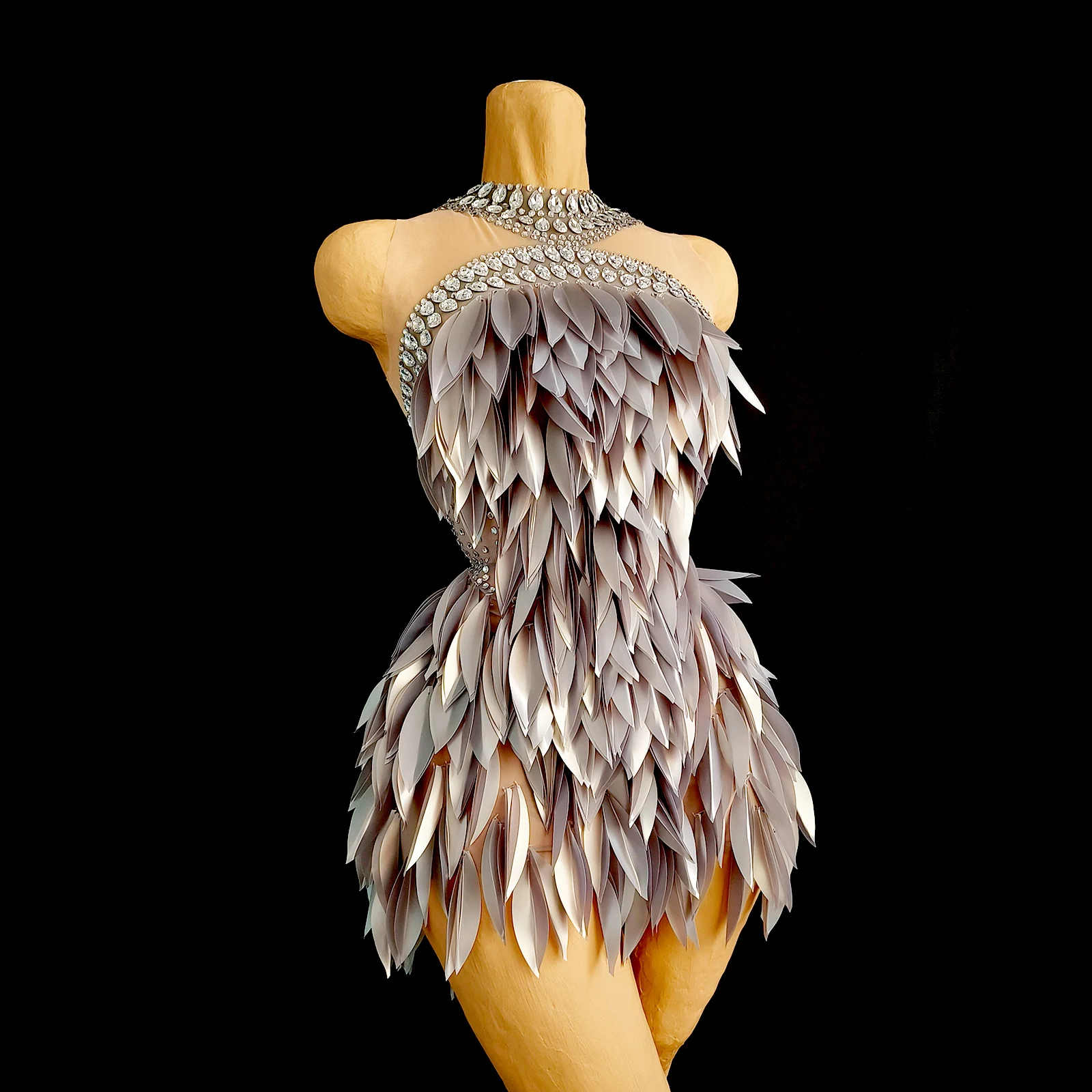 

Luxury 3D Leaf Birthday Party Glitter Rhinestone Gown Skirt Mesh Transparent Fancy Club Performance Singer Dance Stage Costume