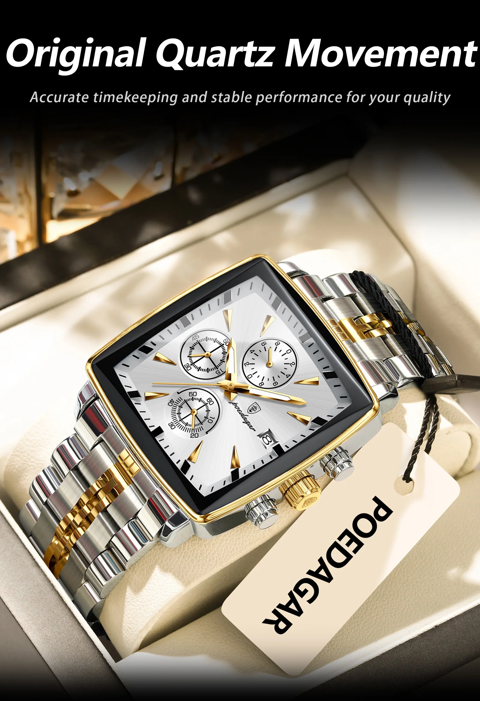 POEDAGAR Fashion Square Men Clock Luminous Waterproof Chronograph Date Men's Watches Stainless Steel Quartz Man Wristwatch Reloj
