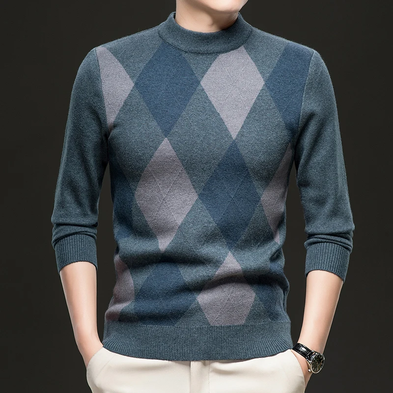 

Men's Knitted Plaid Sweater Warm Fashionable Autumn Winter Mock Neck Wool Pullover