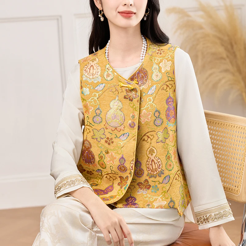 New Chinese Style Ethnic Wind Angle Lapel Stand Collar Buttoned Worker Silk Embroidered Improved Tang Costume Hanfu Vest