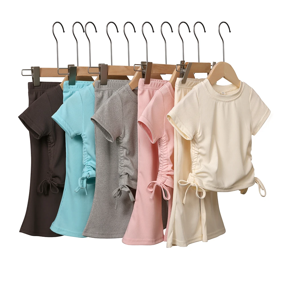Fashion Solid Color Children Girls Clothing Set Short Sleeve Tops Pants 2 PCS Casual Kids Clothes Girls Outfit Set 1-10 Years