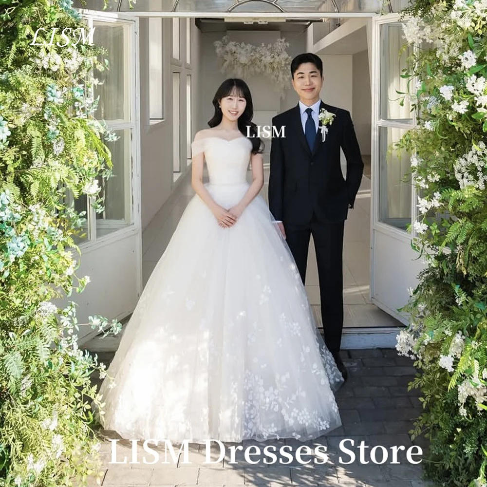 LISM オフショルダー恋人韓国ウェディングドレス写真撮影シルクチュールレースシンプルなブライダルドレス 웨딩드레스カスタマイズされたコルセット