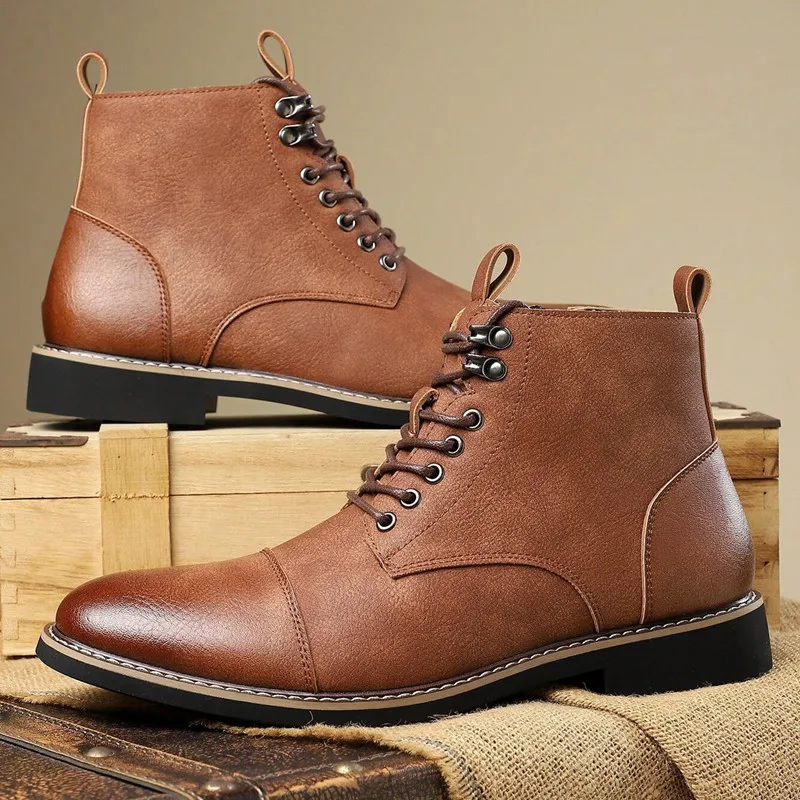 Brand Men High-top Leather Classic Chelsea Boots Lace Up Pointe End Ankle Boot Men's 2026 Business Dress Boots Botas Masculinas