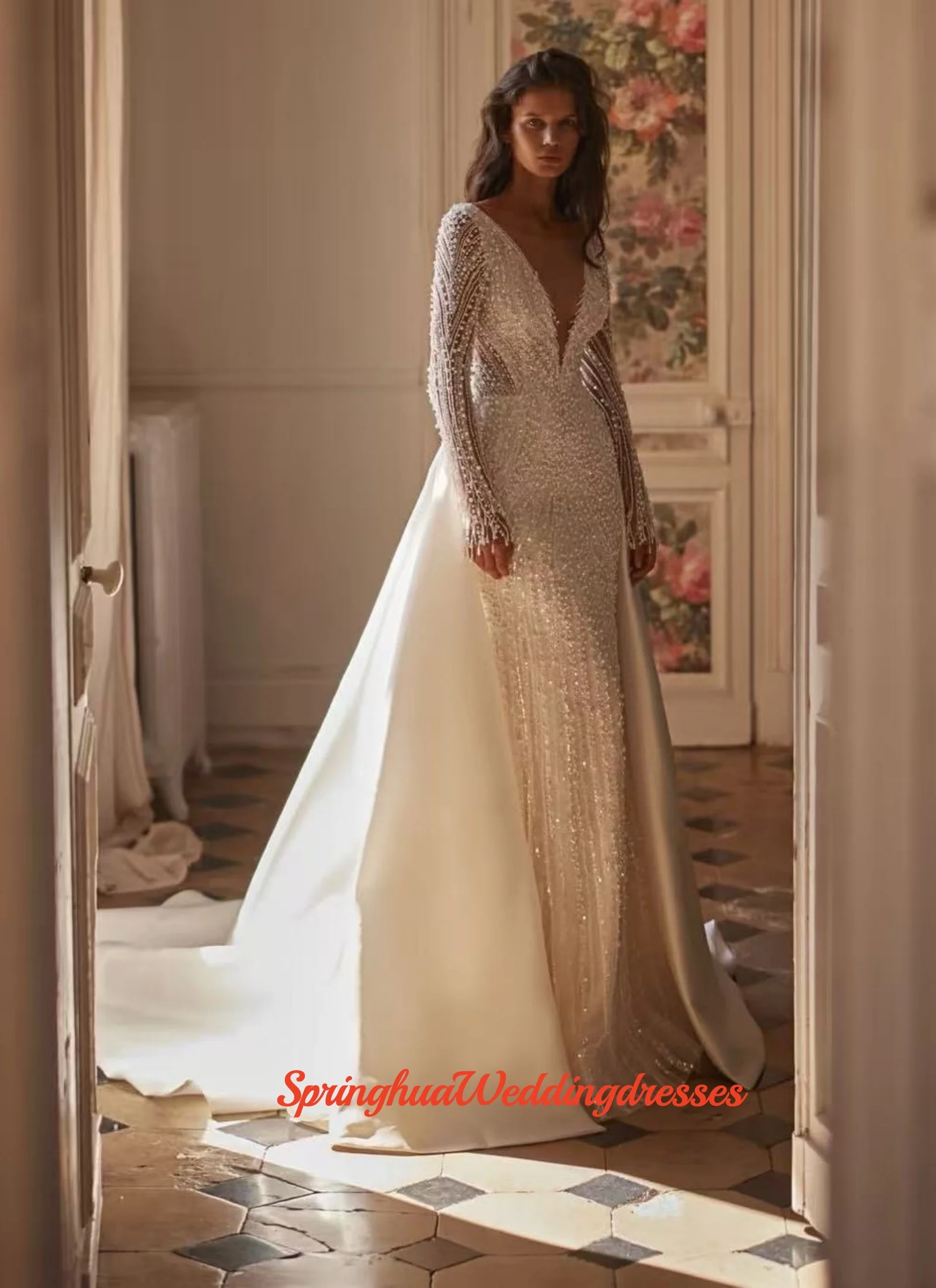 Customized  Luxury Long Sleeved Wedding Dress With Train Handmade Pearls Tassel Glitter Elegant Bridal Gown For Royal Weddings