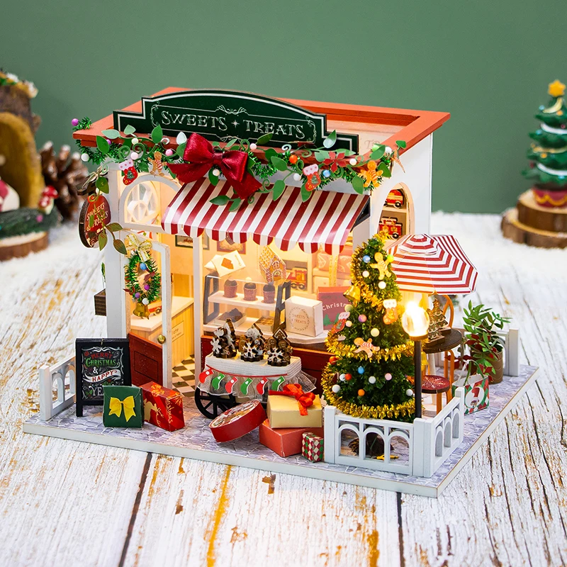 DIY Modelo Miniatura de Madeira Kit com Móveis, 3D Puzzle Dollhouse, Doces de Natal, Casa Casas de Bonecas, Presentes para Amigos