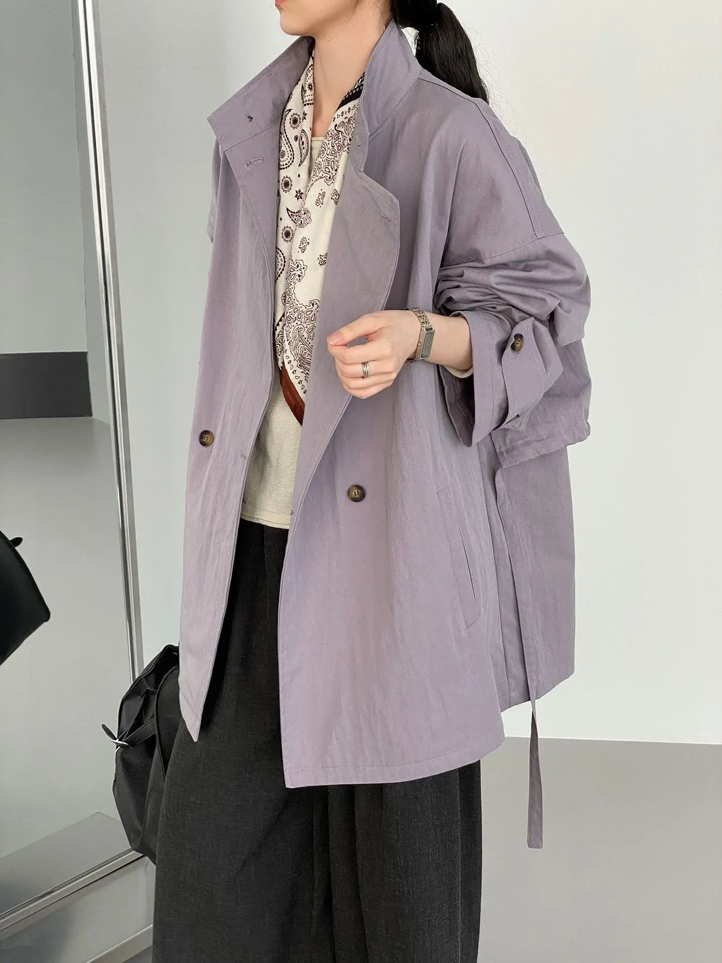 SuperAen Korean-style Purple Elegant Slim Stand Collar Trench Coat for Women Autumn New Loose Casual Drawstring Coats