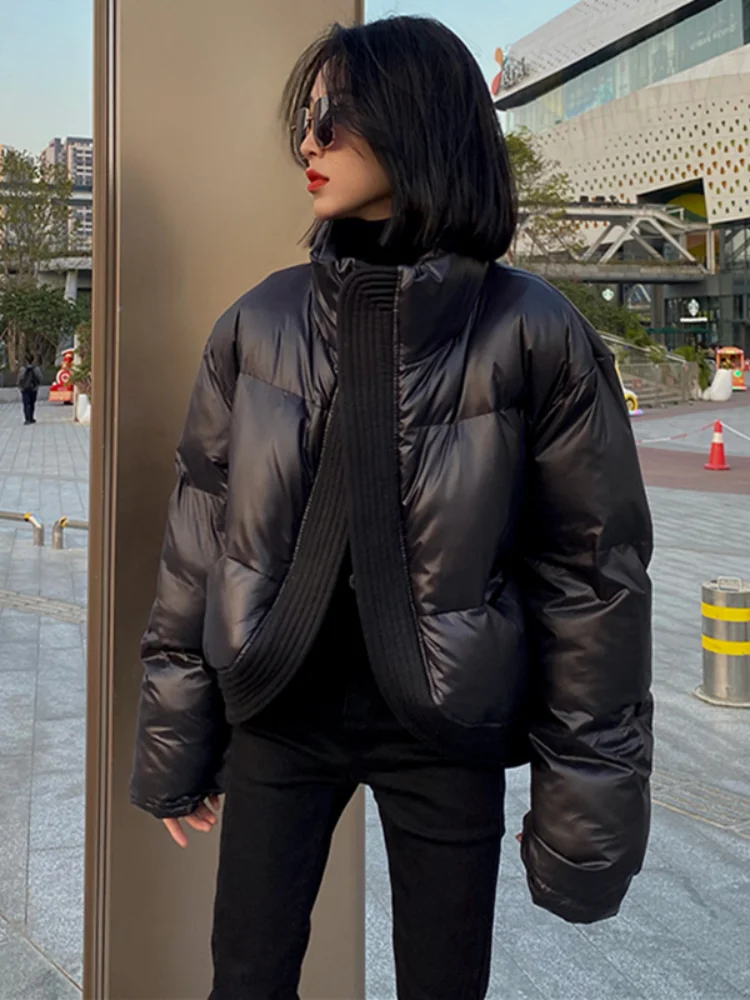 

Thickened Bread Style Jacket Hong Kong Design Sense Patchwork Stand Collar Glossy Surface Winter New Short Cotton Jacket