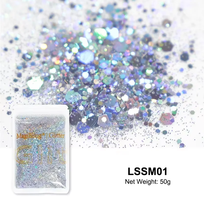 MagiBling 50g Holographic Chunky Glitter Mixed Size Sequins Laser Color Flakes