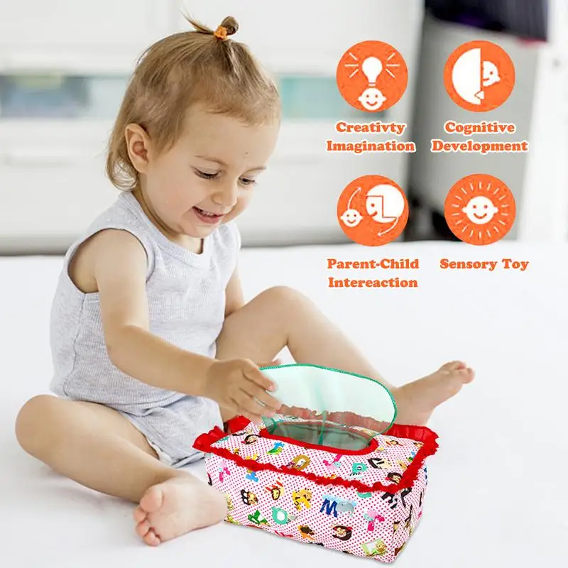 Plush Pull Along Baby Tissue Box Toy With Colorful Saft Scarves Educational Manipulative Preschool Learning Toys