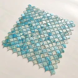Luxury Fan Shape Blue Shell Mosaic Tile Art Wall 30x30cm Self-adhesive Natural Shells With Pears for Bathroom/TV Background Wall