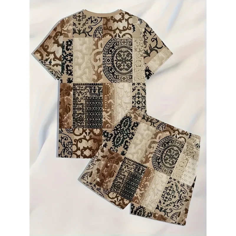 

2025 Men's Summer 3D Printed Retro Color Blocked Short Sleeved T-shirt Set for Daily Leisure Outdoor Sports Two Piece Set