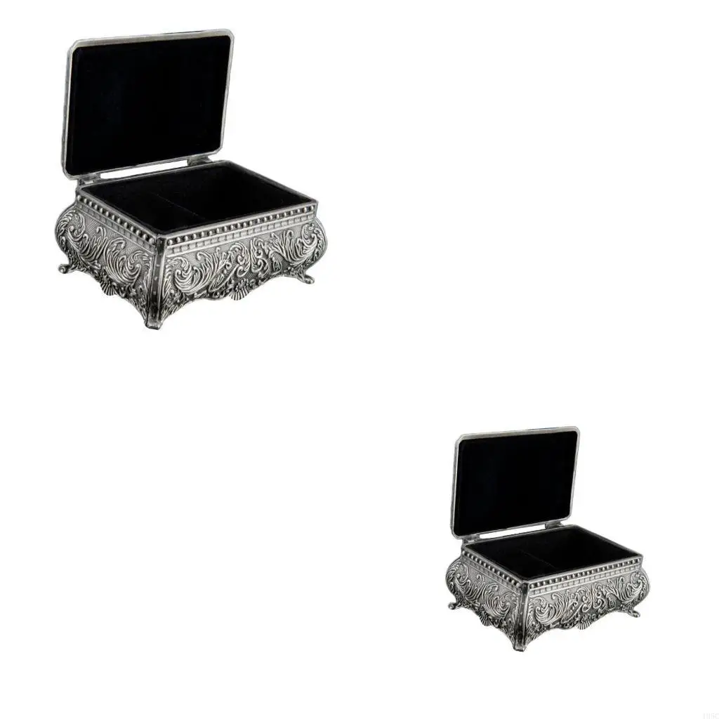 

195C Metal Jewelry Box with Floral Engraved Vintage Rings Earrings Necklace Trinket Storage Box for