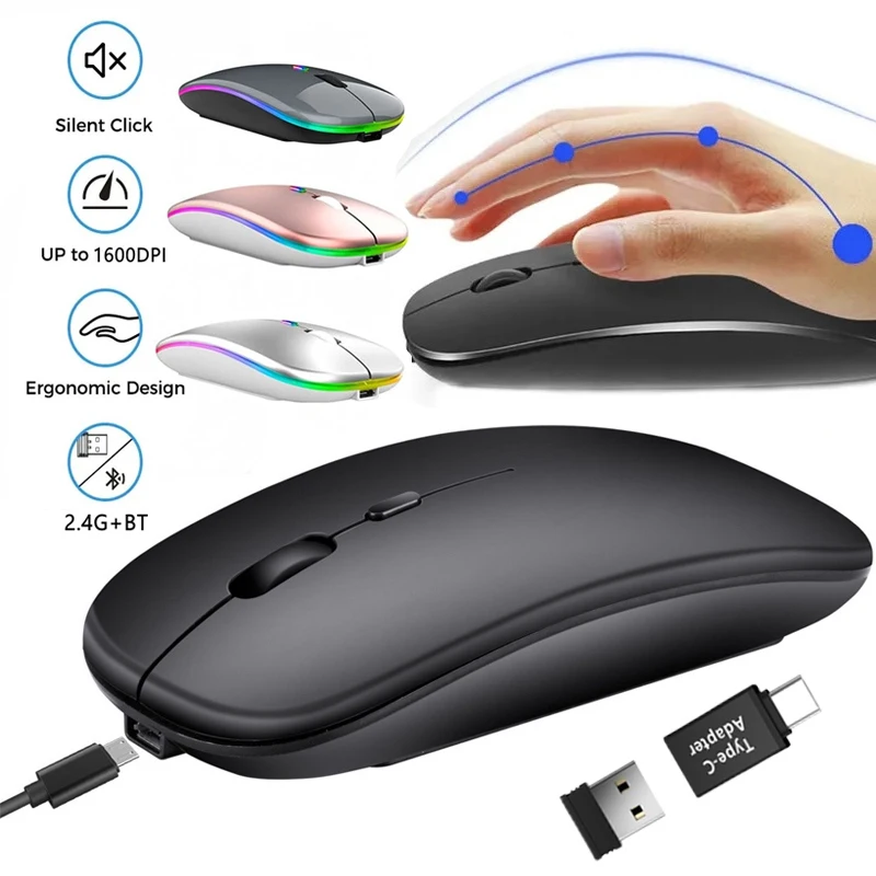 Bezprzewodowa mysz z akumulatorem, kompatybilna z Bluetooth, 2,4 GHz, podwójne tryby, myszy komputerowe z nanoodbiornikiem do laptopa PC Macbook