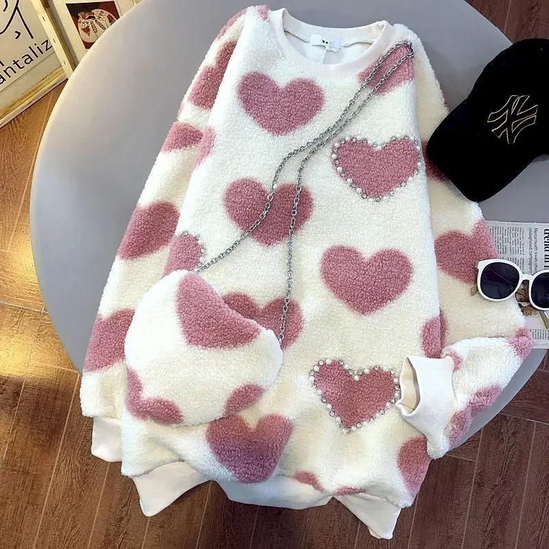 Fashion Beaded Pullovers Women Autumn Winter Trendy Loose Tops Lamb Wool Plush Pullover Womens Love Design Y2k Clothes with Bag