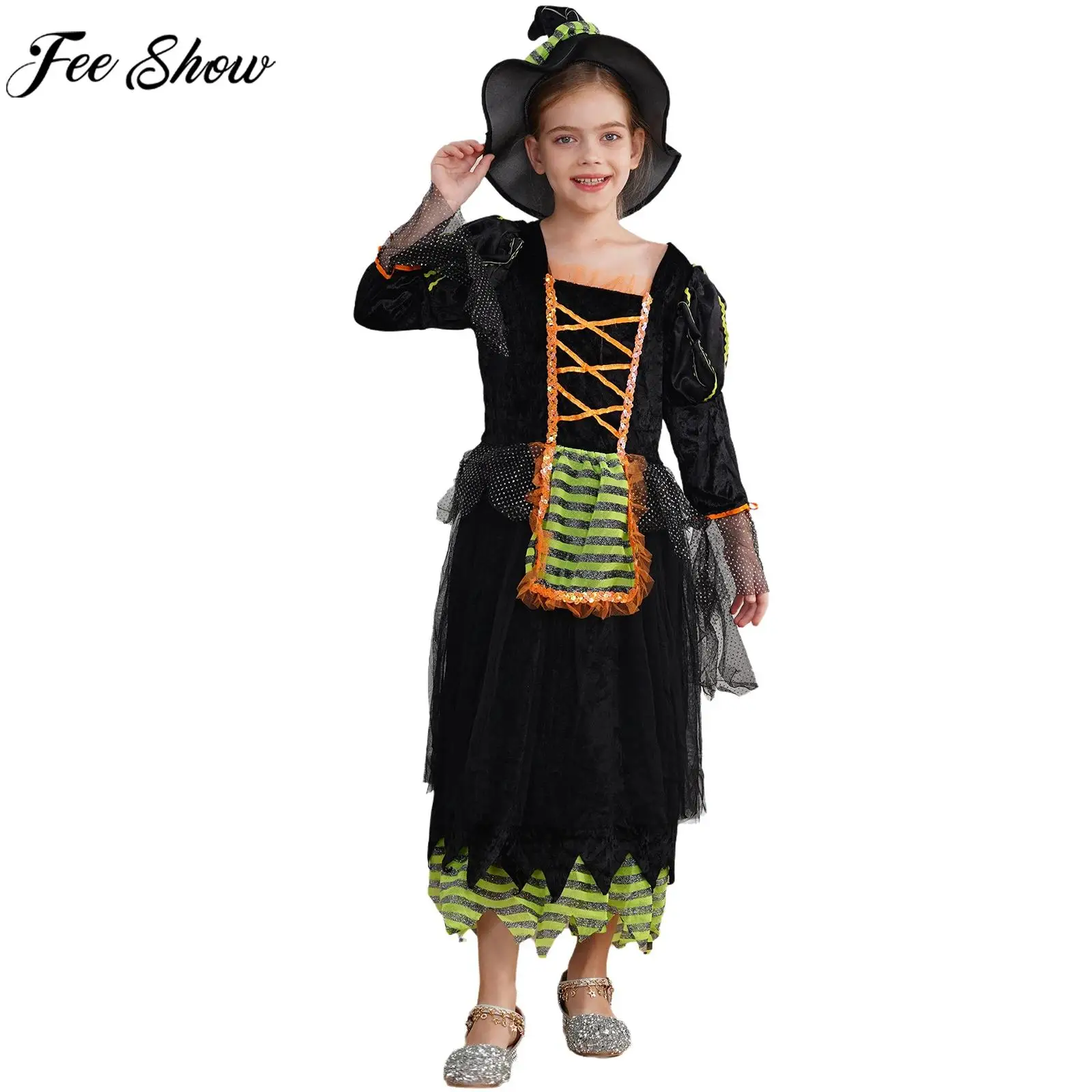 Girls Witch Dress Long Sleeve Shiny Sequin Mesh Sorceress Dresses with Hat Halloween Theme Party Cosplay Performance Costume