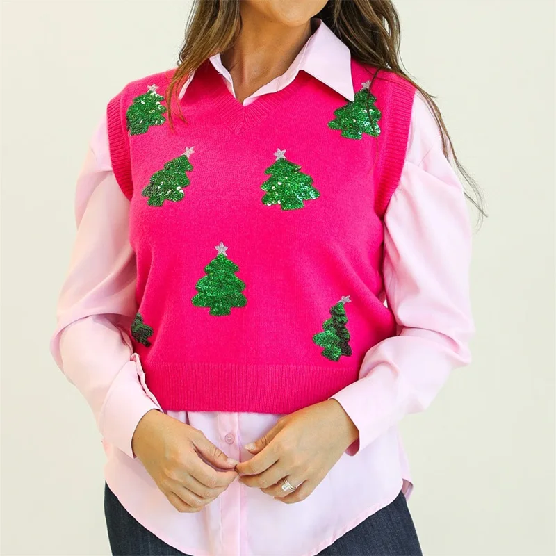 2025 Winter New Women's Tops Christmas Tree Decoration Sequined Sweater Vests Casual Sleeveless V Neck Pullover Tops Streetwear