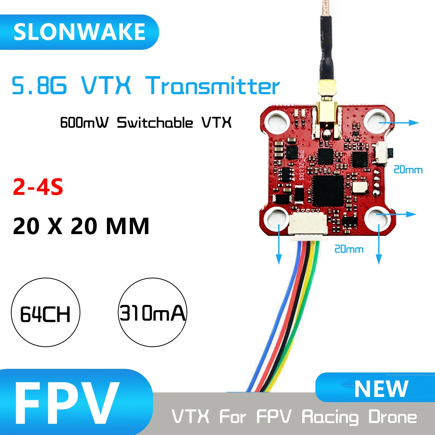 

SLONWAKE Brown Bear 008 VTX 5.8G 64CH 600mW Adjustable FPV Video Transmitter, 20x20mm Stackable, TBS SmartAudio Protocol