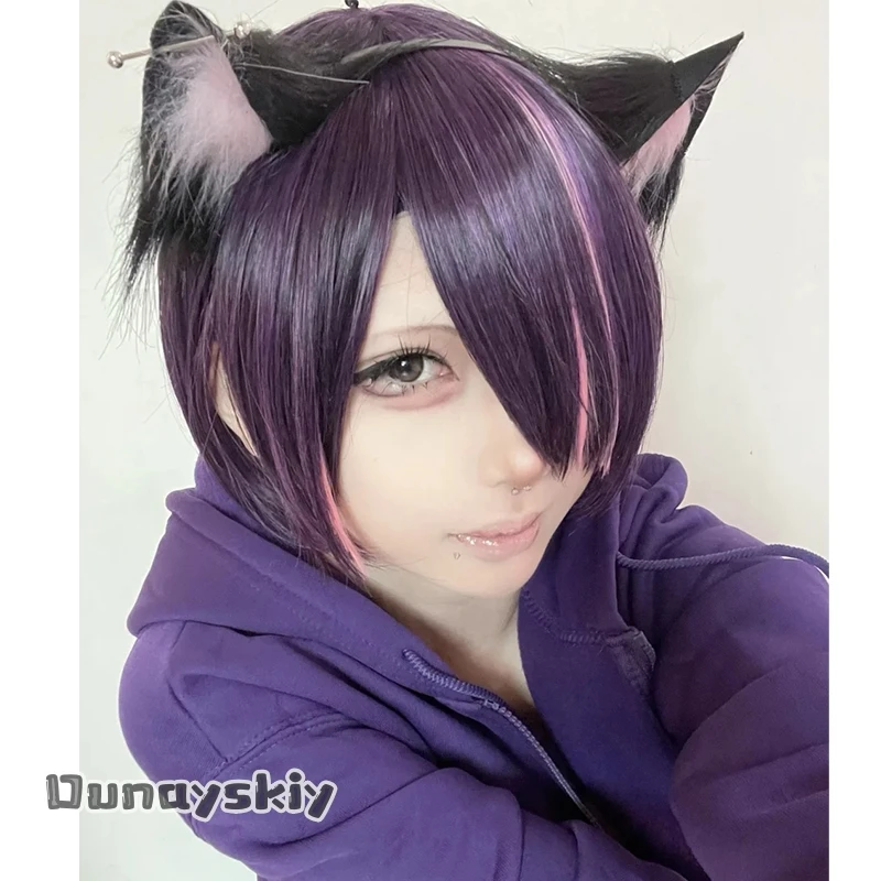 CR7.24*Chainsmoker Cat Yani Neko Hame Neko Perruque de cosplay violet foncé avec mèches, oreilles, cheveux de personnage d'anime, pour fête d'Halloween