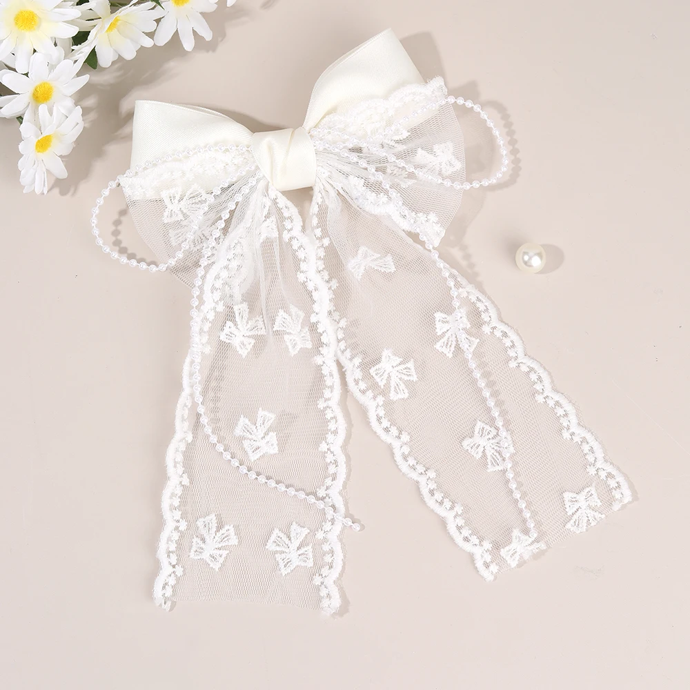 تول القوس مشبك شعر الحلو شبكة الشيفون المرقعة Bowknot دبوس الشعر أنيقة حبات اللؤلؤ مشبك الفتيات النساء غطاء الرأس اكسسوارات #6