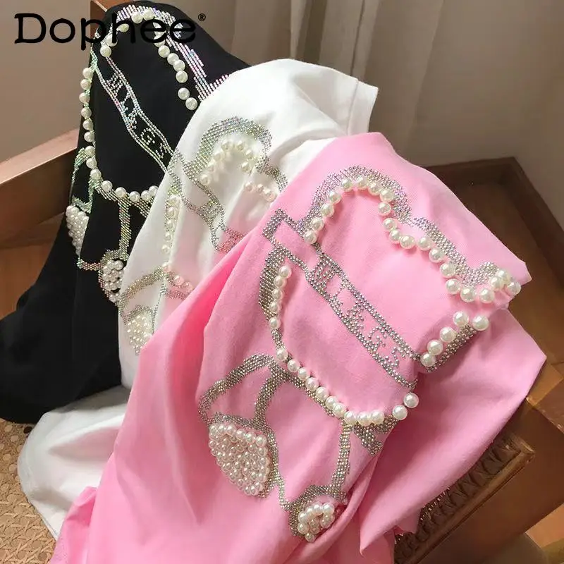 Heavy Rhinestone Fashion Short Sleeve T-shirt Women 2023 New Summer Korean Cartoon Bear Beaded Loose Mid-Length Pink Tshirt Top