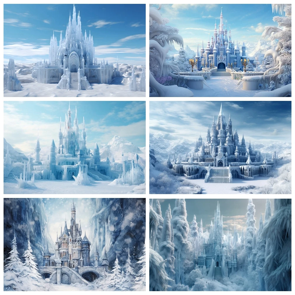 

Winter Wonderland Ice Castle Backdrop White Snow Landscape Fairytale Princess Girl Birthday Baby Portrait Photography Background