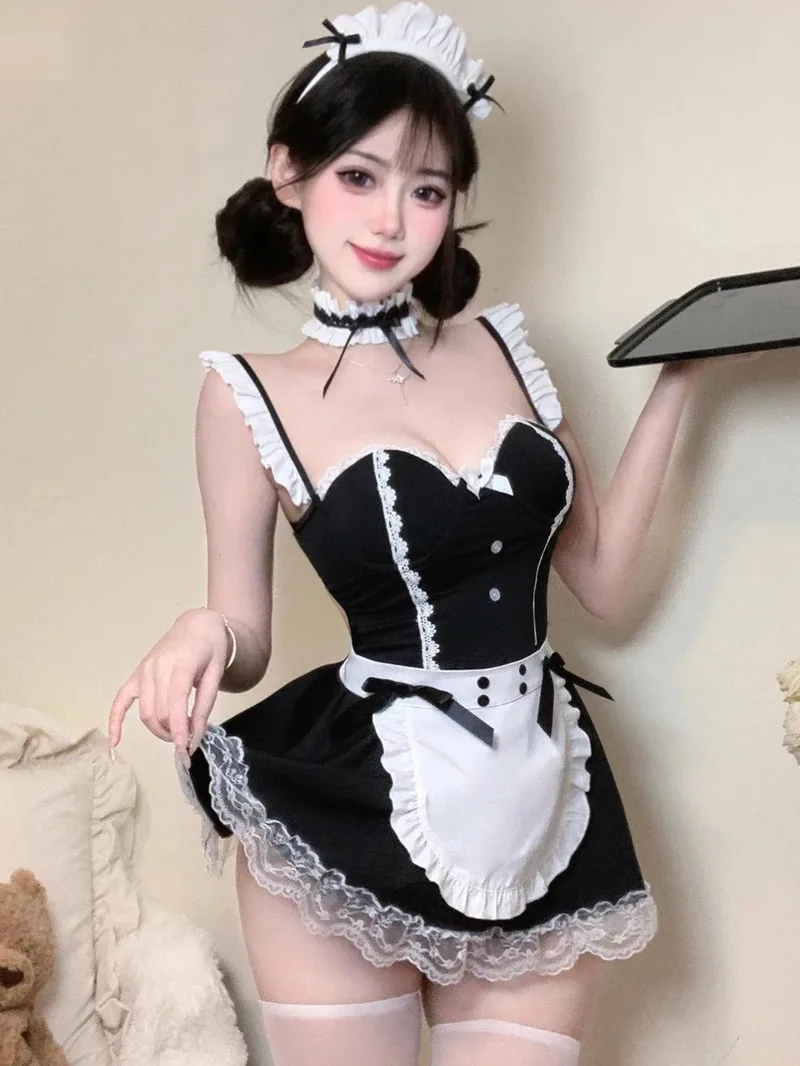 Robe Sexy, uniforme de demoiselle d'honneur, garniture en dentelle SM, joli tablier doux, nœud papillon, dos nu, bretelles en V profond, robe sans manches, pur désir CQDV