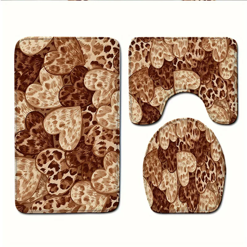 

Набор из 3-х ковриков для ванной с леопардовым принтом и узором в виде сердец, коричневый, с животным принтом, противоскользящий, мягкий, впитывающий, чехол для унитаза, декор для дома