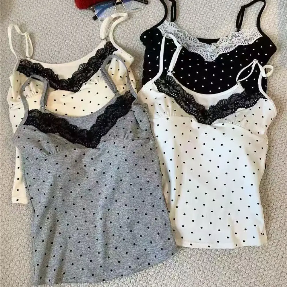 

Lace Ruffled Dots Sling Vest Top Sleeveless Bottoming Shirt Camisole with Pads Tank Spicy Girl Style Y2K Slim Crop Top