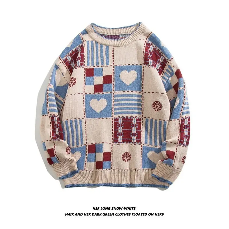 

American Sle Vintage Plaid Heart Ins round Ne Sweater Men Women Autumn Winter Lazy Couple Match Knitted Outerwear