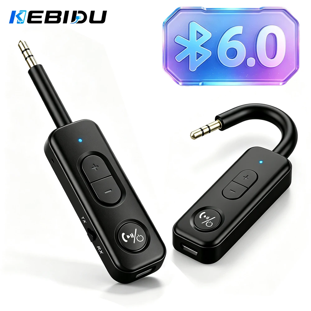 KEBIDU Bluetooth 6.0 Audio-Empfänger-Sender 2-in-1 Kabelloser Audio-Adapter 3,5mm AUX Musik-Player-Kit für Headset und Autolautsprecher