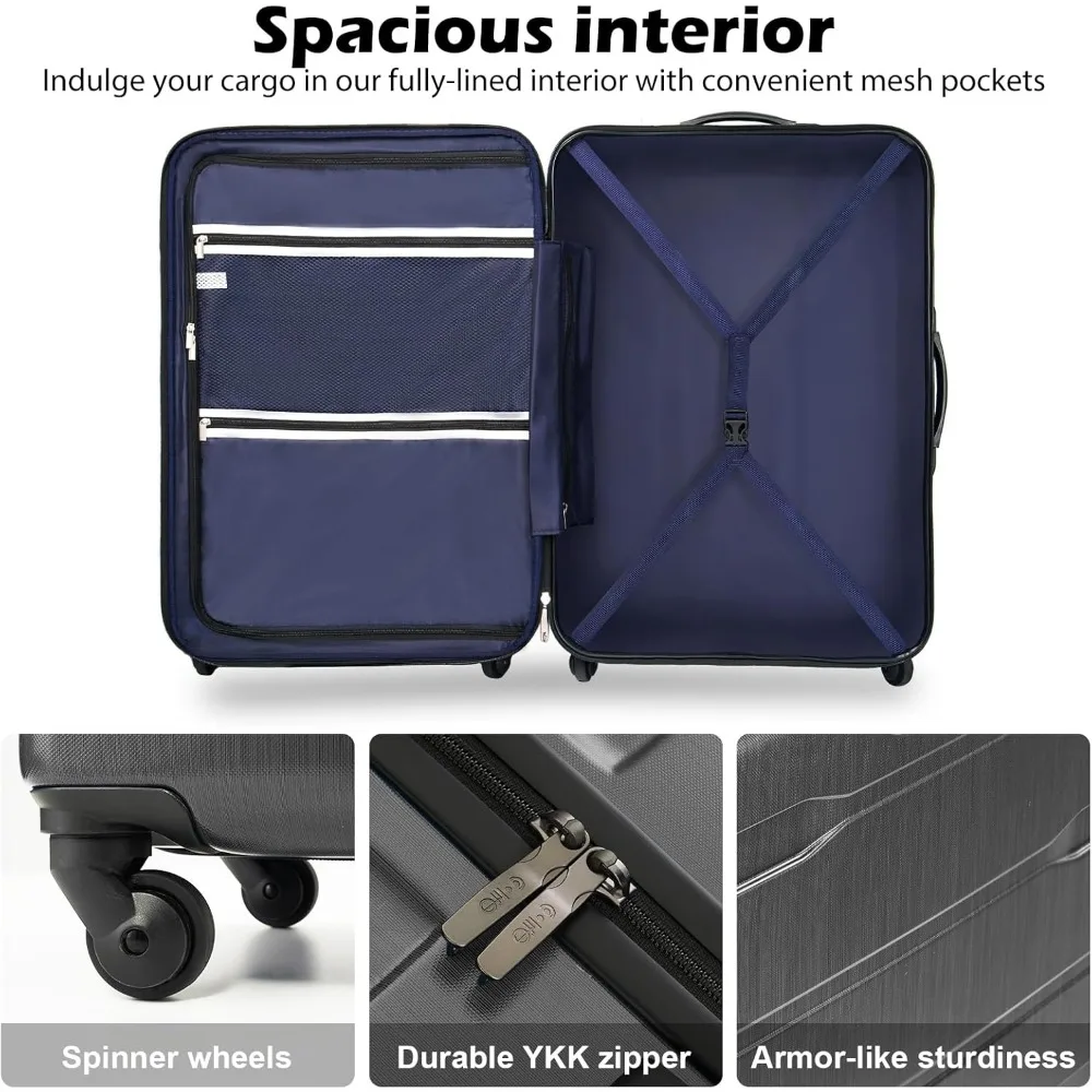 حقيبة دوارة صلبة خفيفة الوزن معتمدة من مادة PC+ABS، مقاس 24 بوصة، فحمي للسفر وتخزين الأمتعة