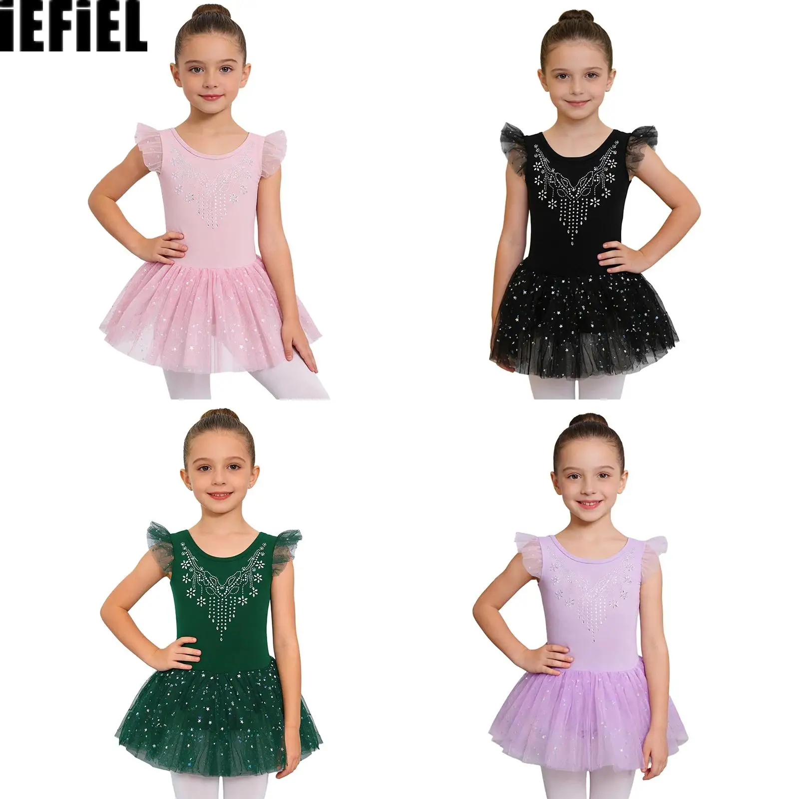 

Kids Girls Ruffle Ballet Dance Dresses Sleeves Bow Back Shiny Rhinestones Bodice Sequins Tulle Dress with Built-in Briefs