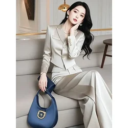 New Franch Luxury Fashion Two Piece Sets Women Elegant Notched Collar Short Blazer + High Waist Wide Leg Pants Women's Suit OL