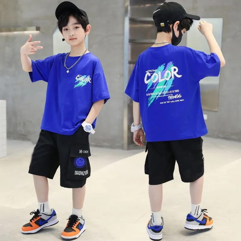 Children's summer suit boys Korean letter loose casual short sleeved set small medium-sized children's five division pants set