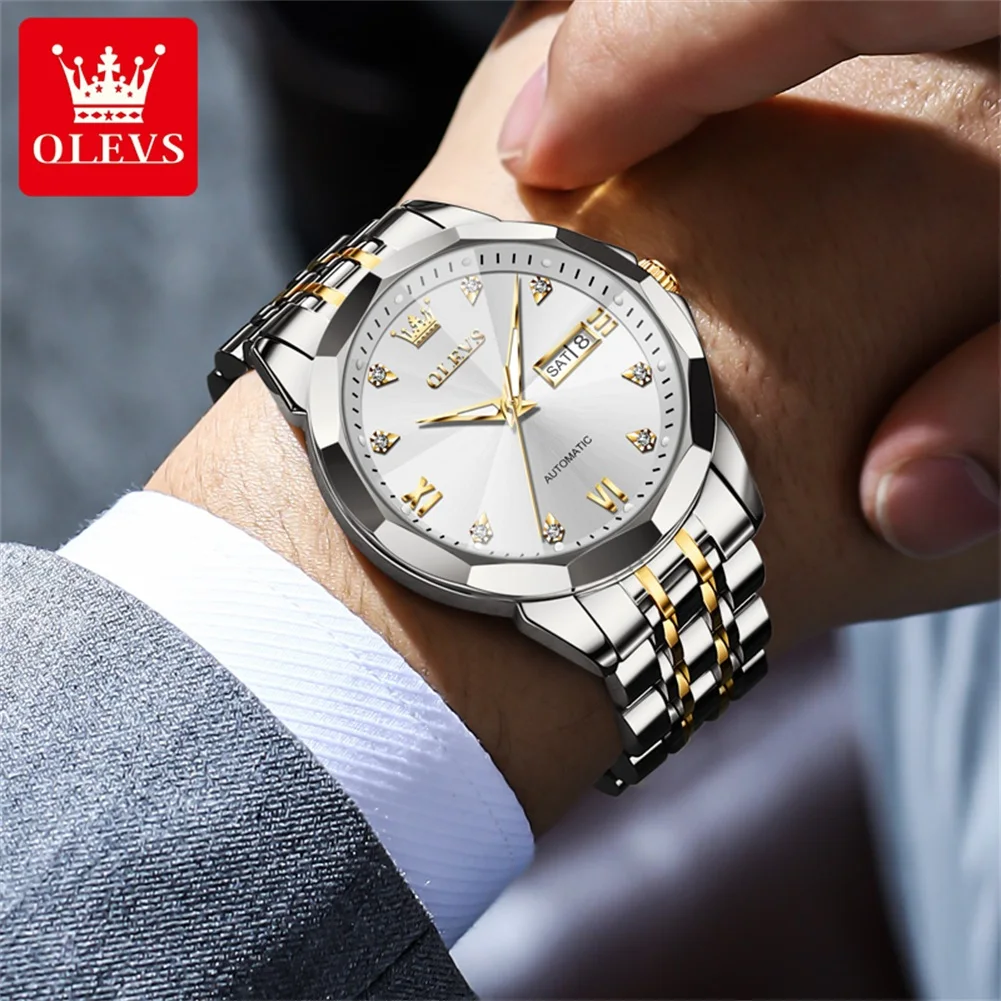 OLEVS-Reloj de pulsera mecánico automático para hombre, cronógrafo de lujo, a la moda, de acero inoxidable, resistente al agua, luminoso