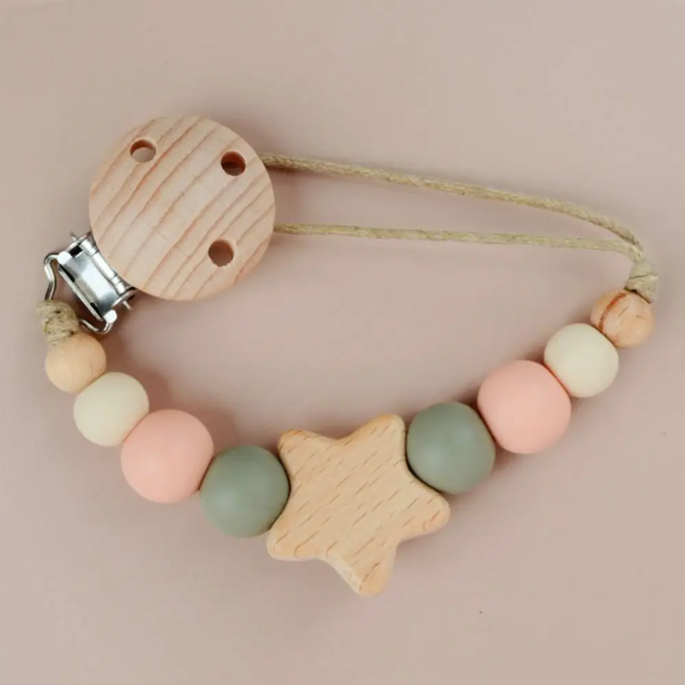 

Dummy Clips Pacifier Holder Clips Wood Star Baby Pacifier Chain Soother Holder Nipple Holder Clips Baby Teether Toys Straps Baby