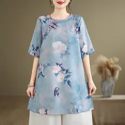 Vintage Chinese Style Printing Short Sleeve Women Clothing Summer Fashion Buttons Ladies Temperament Shirts Dignified Blouses