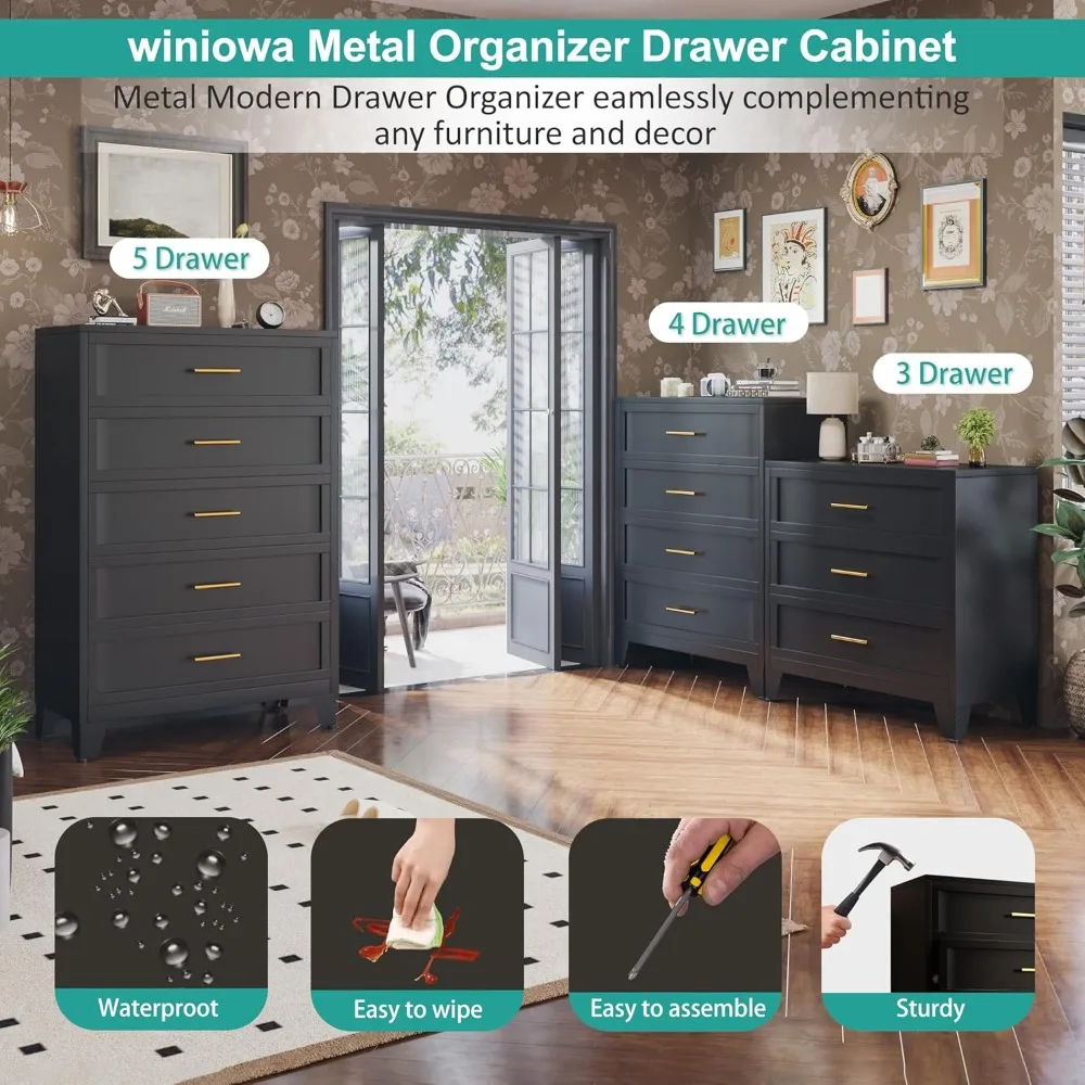 Tocador de dormitorio negro de 4 cajones, tocador de metal y gabinete con cajones, gabinete de almacenamiento alto 43,1, gabinete de almacenamiento grande