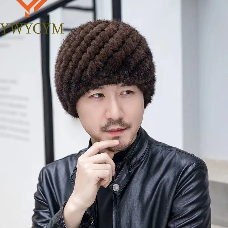 

Winter Men Mink Fur Hats Natural Real Fur Knitted Cap Fashionable Fluffy Grandfather Genuine Fur Beanie Female Black Fur Caps