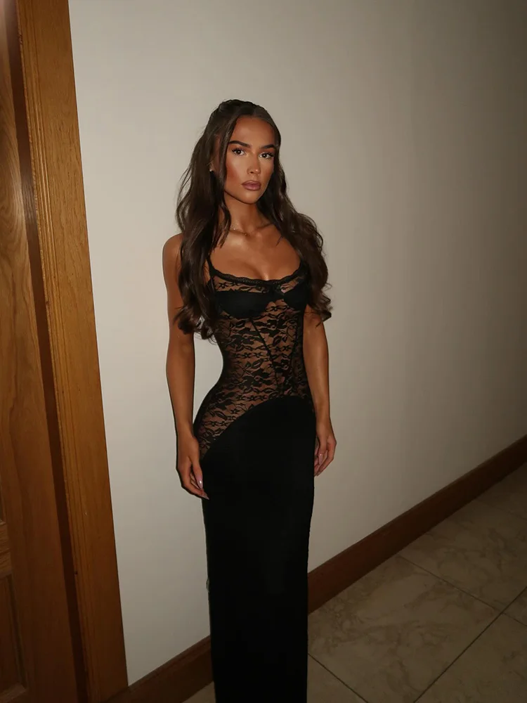 Maxivestidos de retazos de encaje para mujer, moda Sexy, liso, sin mangas, cuello barco, envoltura de cadera transparente, Vestidos largos, bata femenina