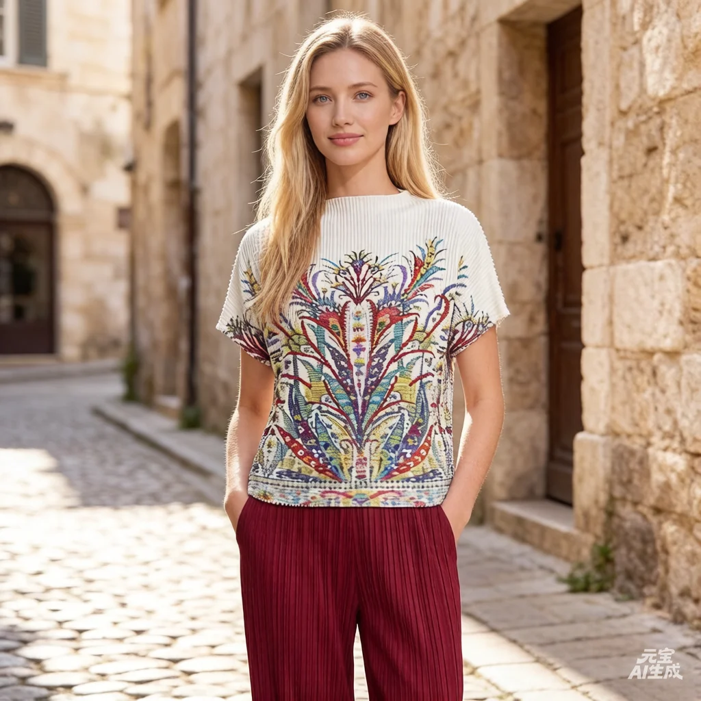 

Miyake Pleated Short-Sleeved T-Shirt for Women 2026 Summer New Arrival Ethnic-inspired Totem Print Loose-fitting Round Neck Top