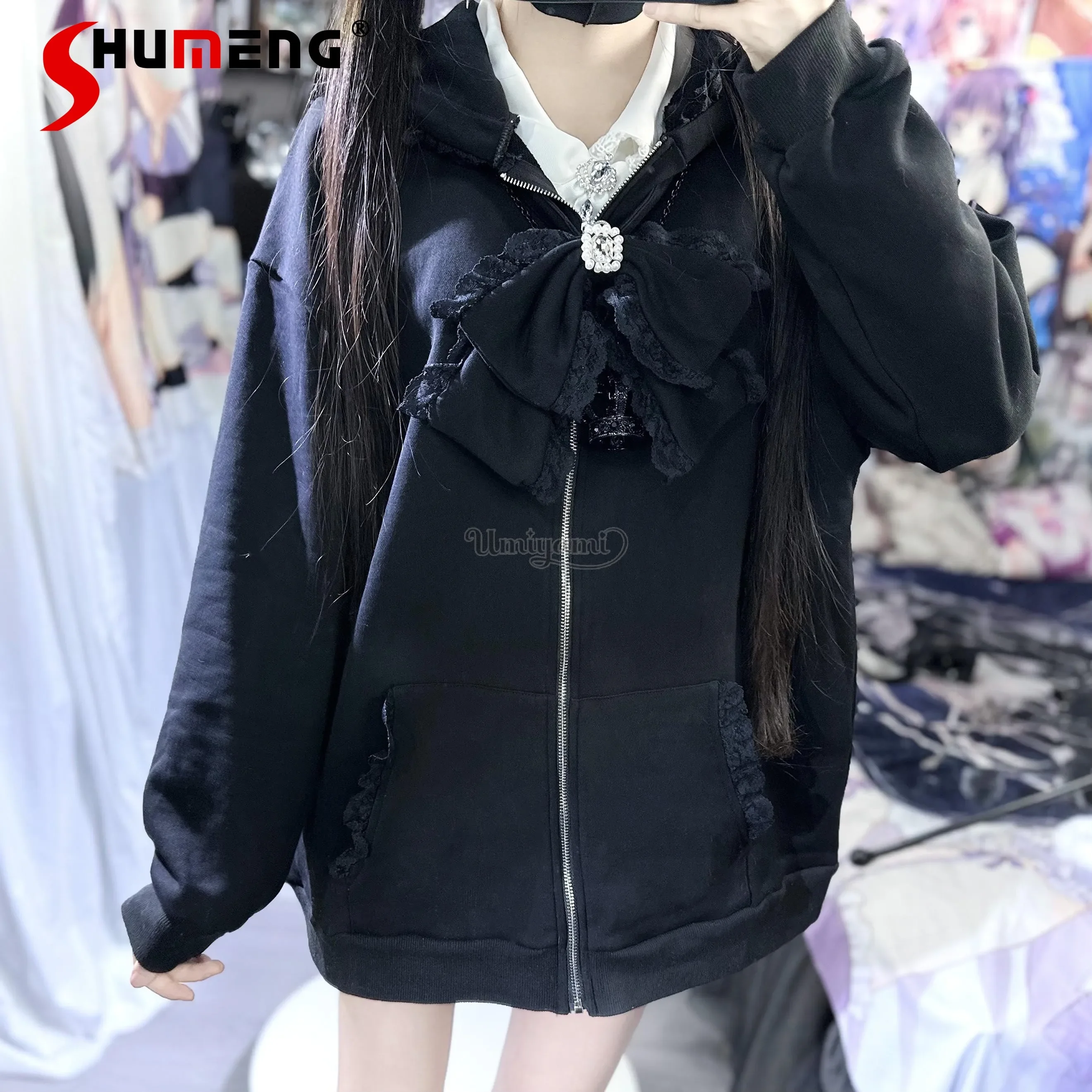 Japanese Mine Style Mass-produced Lace Splicing Rhinestone Bow Cat Ear Hooded Long Sleeve Zipper Sweatshirt Jacket Women Autumn