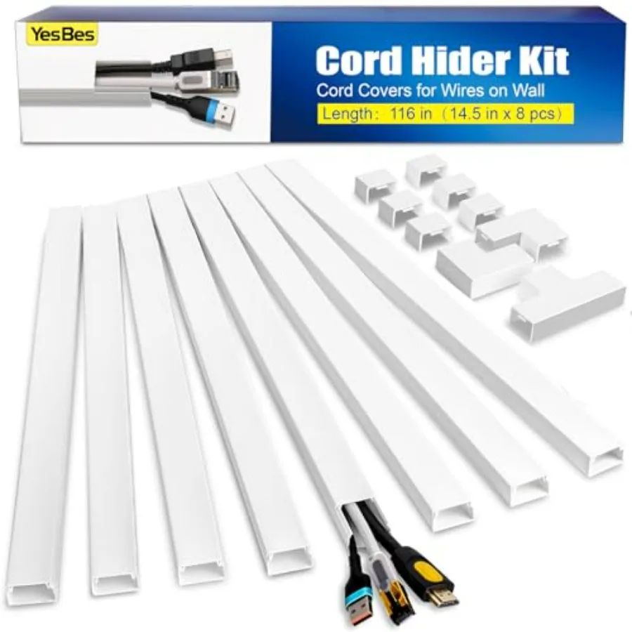 116in Cord Hider Kit, Cord Covers for Wires on Wall, Paintable Cable Raceway, Cord Hider for Wall Mount tv, tv Cable Hider Wall