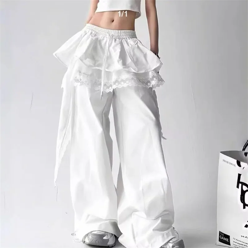 Women's Chic Design Tooling Casual Pants 2026 Spring Autumn New Niche Splicing Lace Trousers Female Dancing Wide-leg Pants
