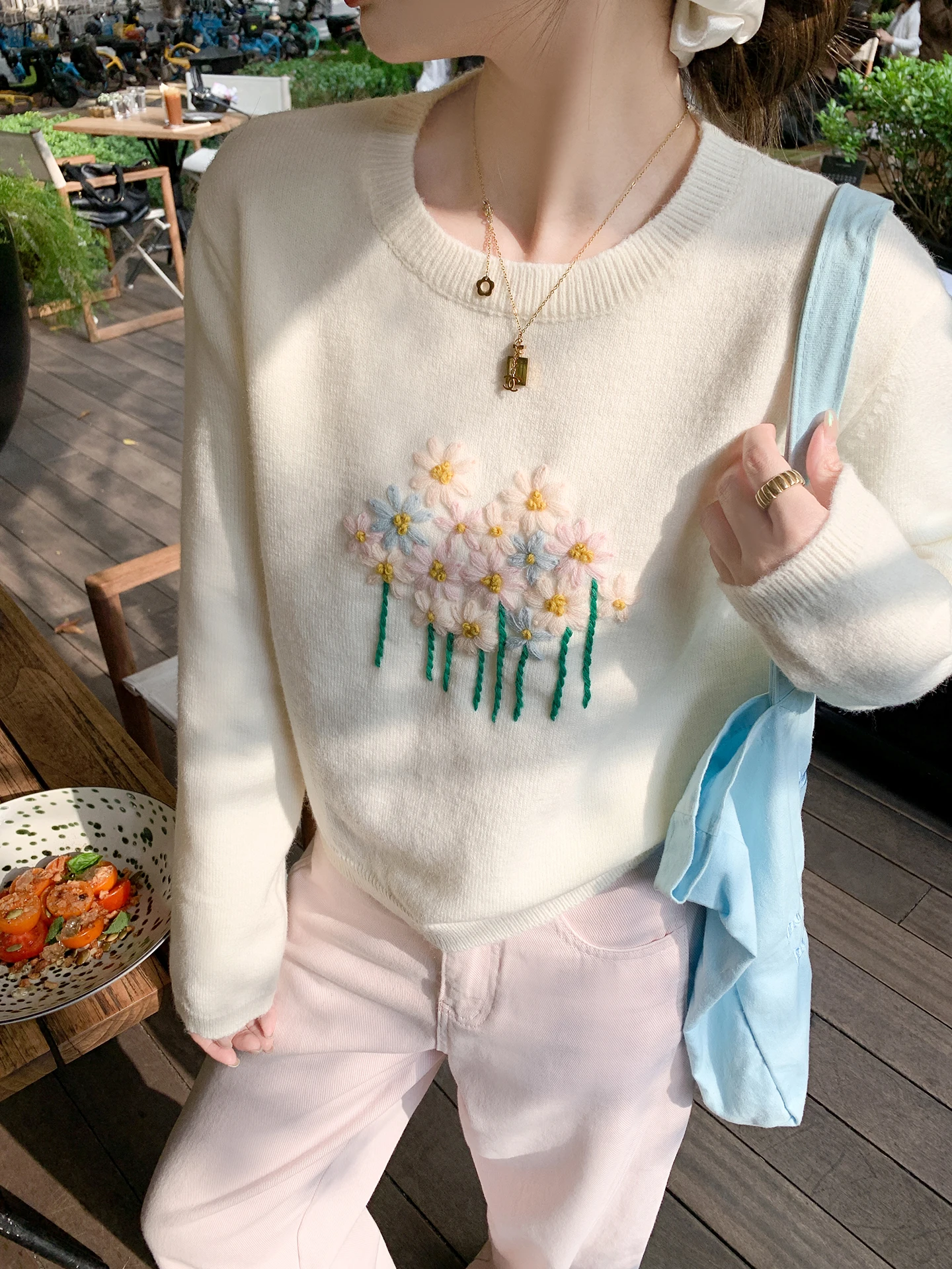 

Zeng Xiao Salt Korean Sle Loose Women's Knitted Sweater Embroidered Beige Inner Wear Winter Faion Casual round Ne Top