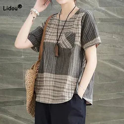 Estate nuova donna Vintage Plaid stampato t-shirt Casual abbigliamento donna moda All-match tasche impiombate top manica corta