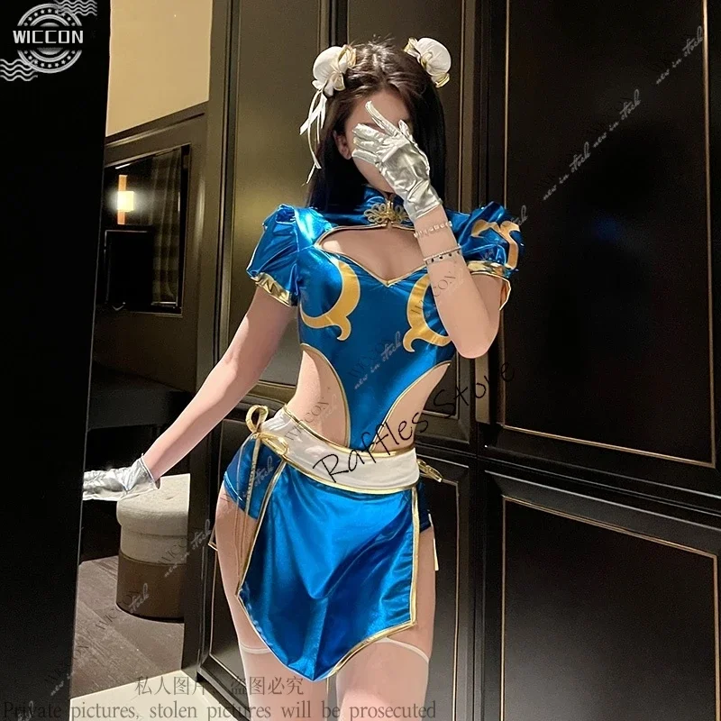 MN1 Chunli คอสเพลย์เครื่องแต่งกายเสื้อกางเกงผ้ากันเปื้อน Headwear ถุงเท้าถุงมือ Slit Cheongsam ชุดเซ็กซี่บทบาทเล่น Fanart Festivals8/yG